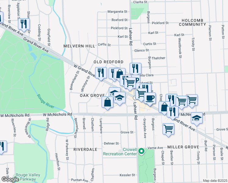 map of restaurants, bars, coffee shops, grocery stores, and more near 22231 Grand River Avenue in Detroit