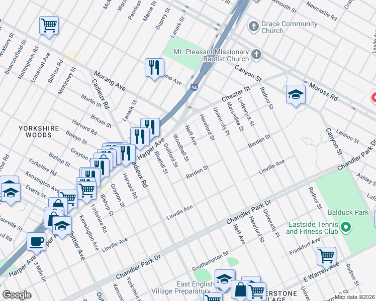 map of restaurants, bars, coffee shops, grocery stores, and more near 6200 Woodhall St in Detroit
