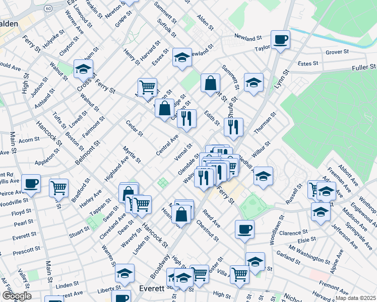 map of restaurants, bars, coffee shops, grocery stores, and more near 153 Vernal Street in Everett