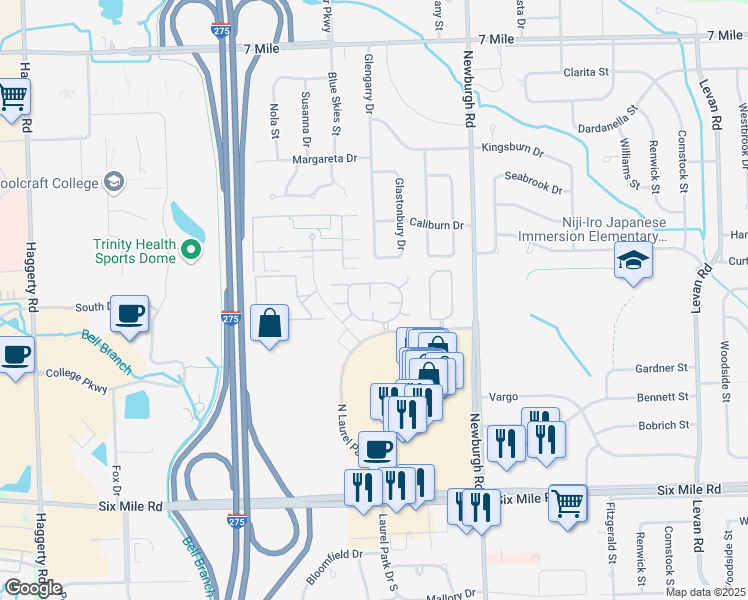 map of restaurants, bars, coffee shops, grocery stores, and more near 37672 North Laurel Park Drive in Livonia