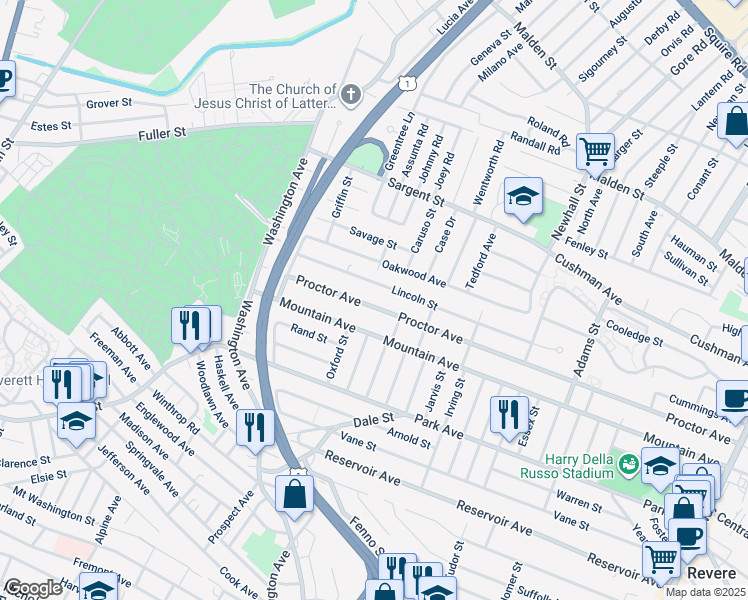 map of restaurants, bars, coffee shops, grocery stores, and more near 447 Proctor Avenue in Revere