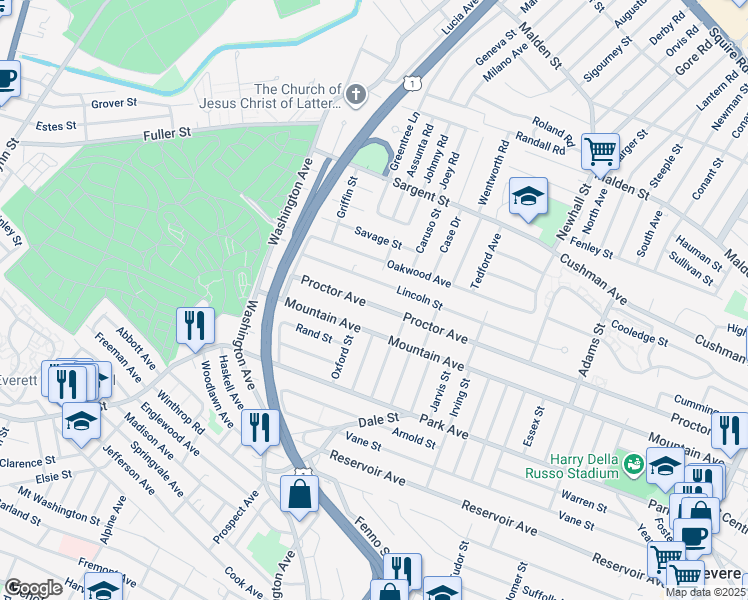 map of restaurants, bars, coffee shops, grocery stores, and more near 447 Proctor Avenue in Revere