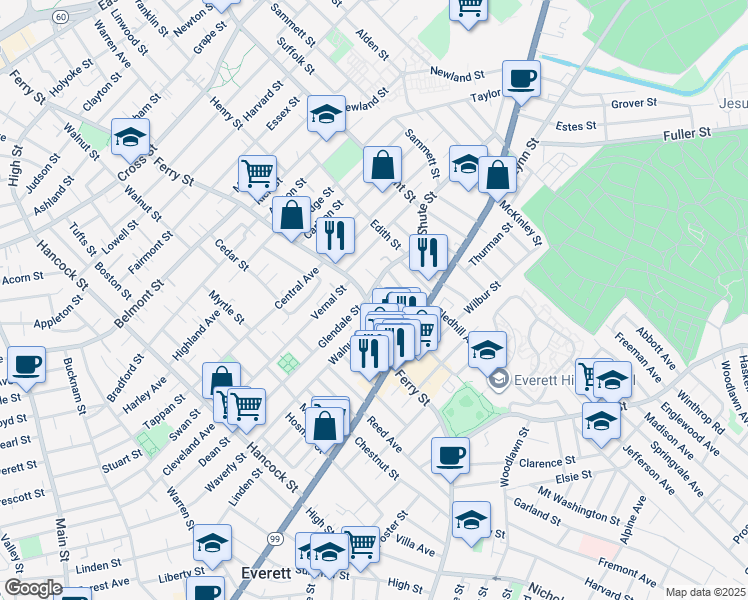 map of restaurants, bars, coffee shops, grocery stores, and more near 405 Ferry Street in Everett