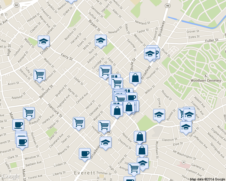 map of restaurants, bars, coffee shops, grocery stores, and more near 405 Ferry Street in Everett
