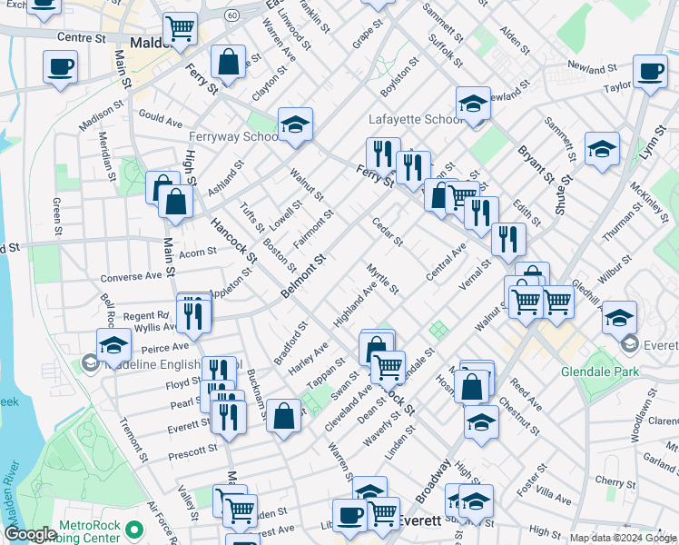 map of restaurants, bars, coffee shops, grocery stores, and more near 147 Belmont Street in Everett