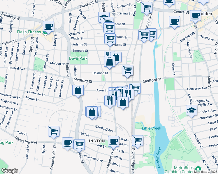 map of restaurants, bars, coffee shops, grocery stores, and more near 73 Avon Street in Malden