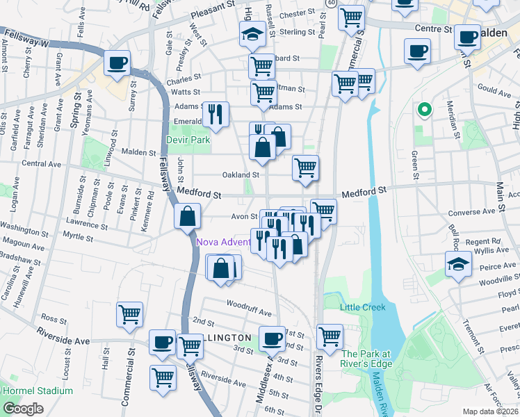 map of restaurants, bars, coffee shops, grocery stores, and more near 73 Avon Street in Malden