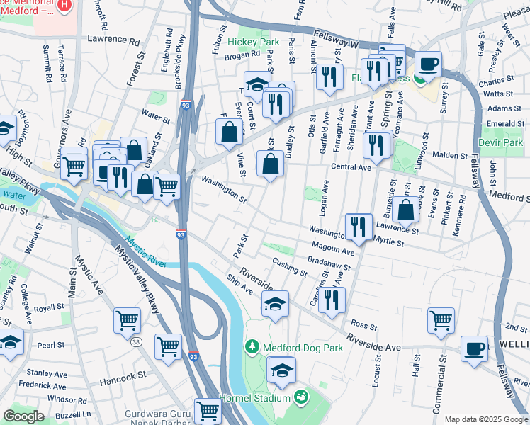 map of restaurants, bars, coffee shops, grocery stores, and more near 106 Washington Street in Medford