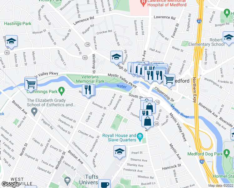 map of restaurants, bars, coffee shops, grocery stores, and more near 8 Touro Avenue in Medford