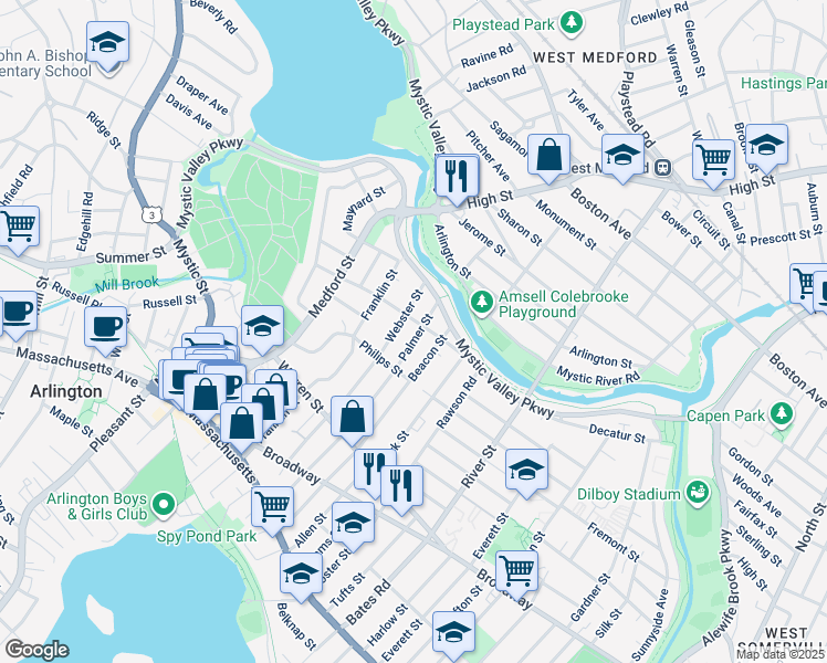 map of restaurants, bars, coffee shops, grocery stores, and more near 115-117 Webster Street in Arlington