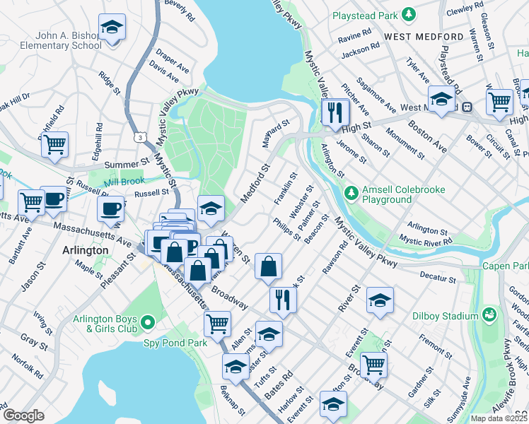 map of restaurants, bars, coffee shops, grocery stores, and more near 41-43 Philips Street in Arlington