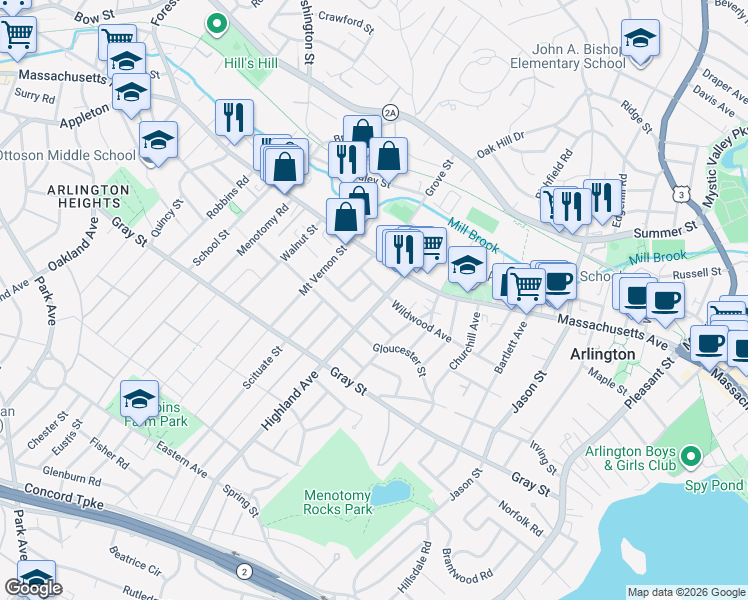 map of restaurants, bars, coffee shops, grocery stores, and more near 22 Highland Avenue in Arlington