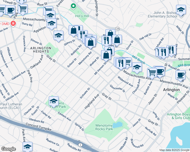 map of restaurants, bars, coffee shops, grocery stores, and more near 5 Scituate Street in Arlington