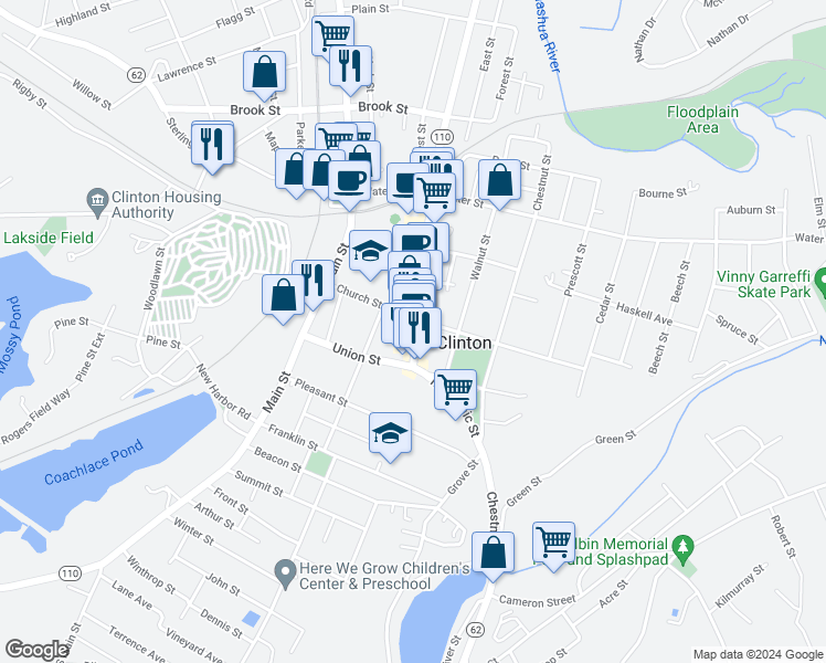 map of restaurants, bars, coffee shops, grocery stores, and more near 58 High Street in Clinton