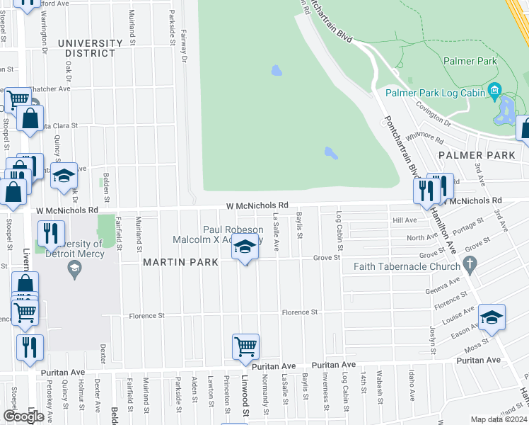 map of restaurants, bars, coffee shops, grocery stores, and more near 16950 Normandy Street in Detroit