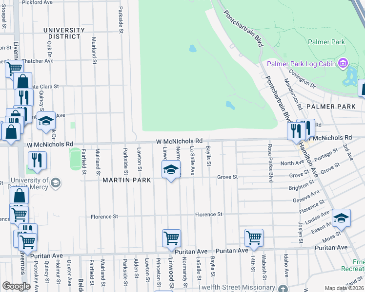 map of restaurants, bars, coffee shops, grocery stores, and more near 16950 Normandy Street in Detroit