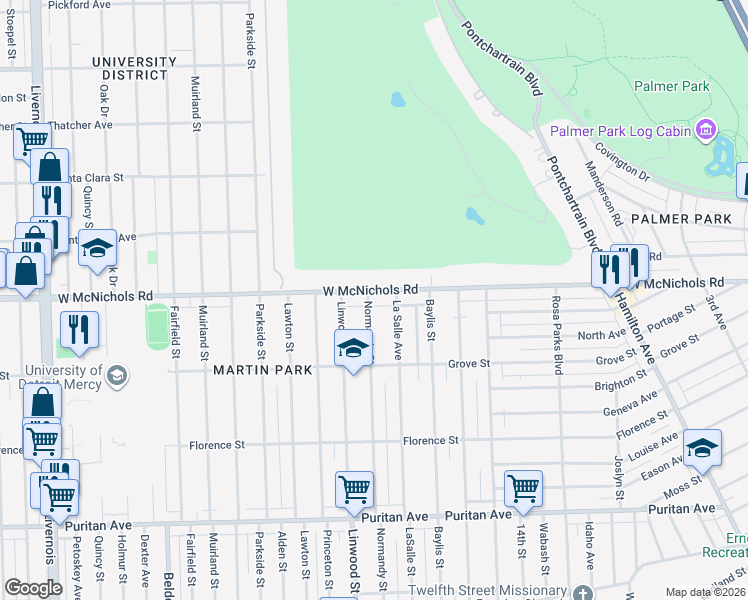 map of restaurants, bars, coffee shops, grocery stores, and more near 16950 Normandy Street in Detroit