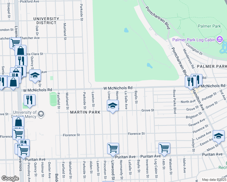 map of restaurants, bars, coffee shops, grocery stores, and more near 16950 Normandy Street in Detroit