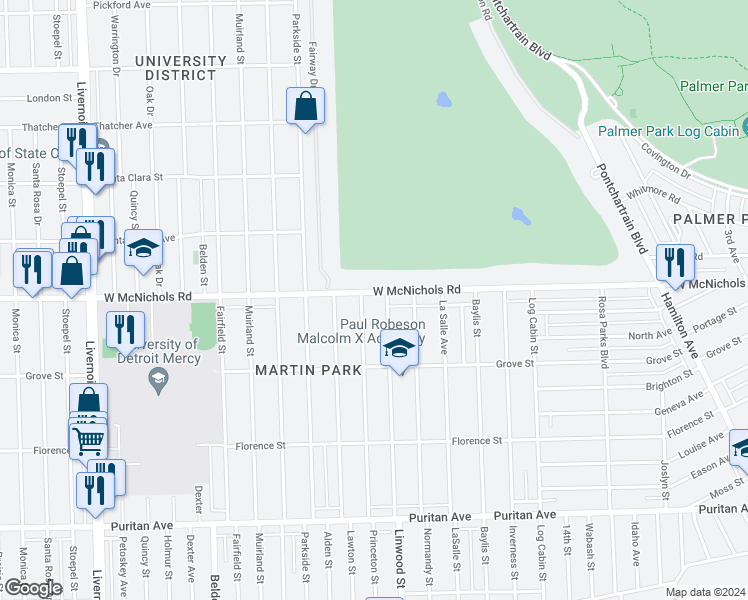 map of restaurants, bars, coffee shops, grocery stores, and more near 2623 West McNichols Road in Detroit