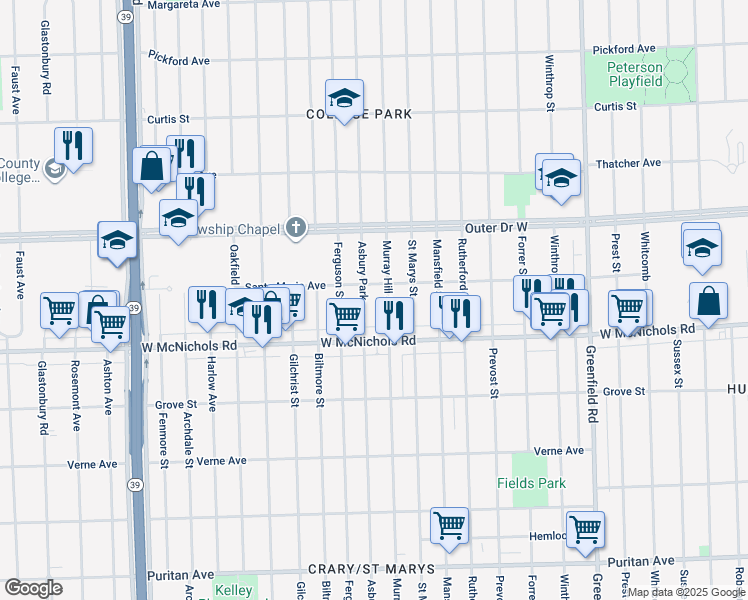 map of restaurants, bars, coffee shops, grocery stores, and more near 17174 Murray Hill Street in Detroit