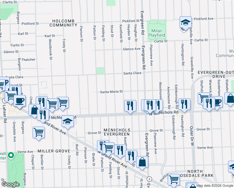 map of restaurants, bars, coffee shops, grocery stores, and more near 17235 Stout Street in Detroit
