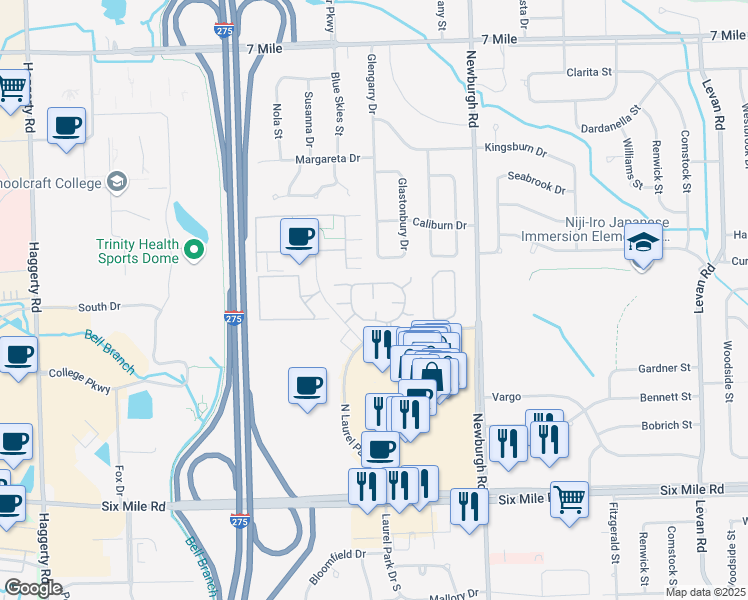 map of restaurants, bars, coffee shops, grocery stores, and more near 37672 North Laurel Park Drive in Livonia