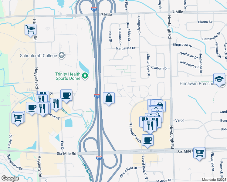map of restaurants, bars, coffee shops, grocery stores, and more near 17971 University Park Drive in Livonia