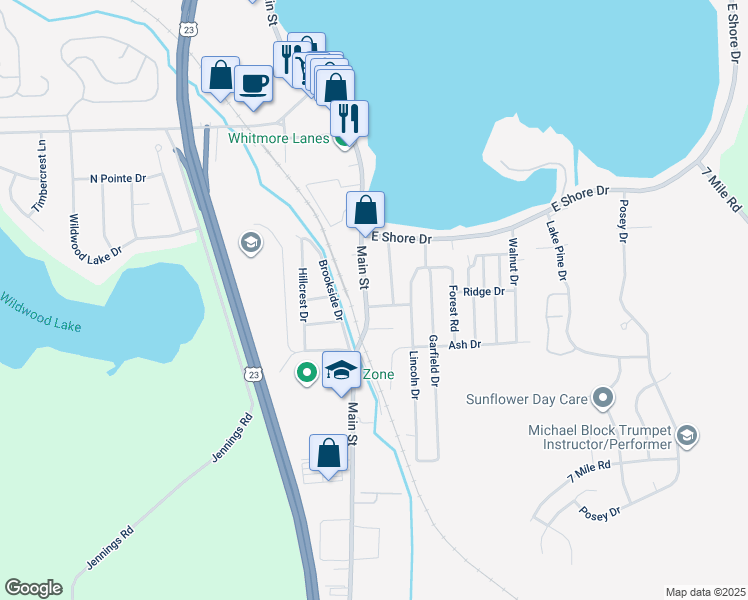 map of restaurants, bars, coffee shops, grocery stores, and more near 9112 Main Street in Whitmore Lake
