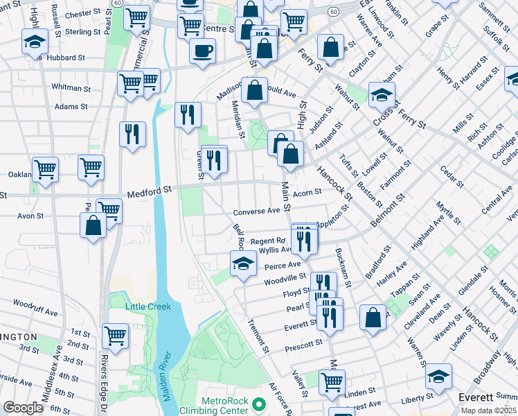 map of restaurants, bars, coffee shops, grocery stores, and more near 33 Converse Avenue in Malden
