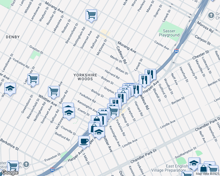 map of restaurants, bars, coffee shops, grocery stores, and more near 9228 Grayton Street in Detroit