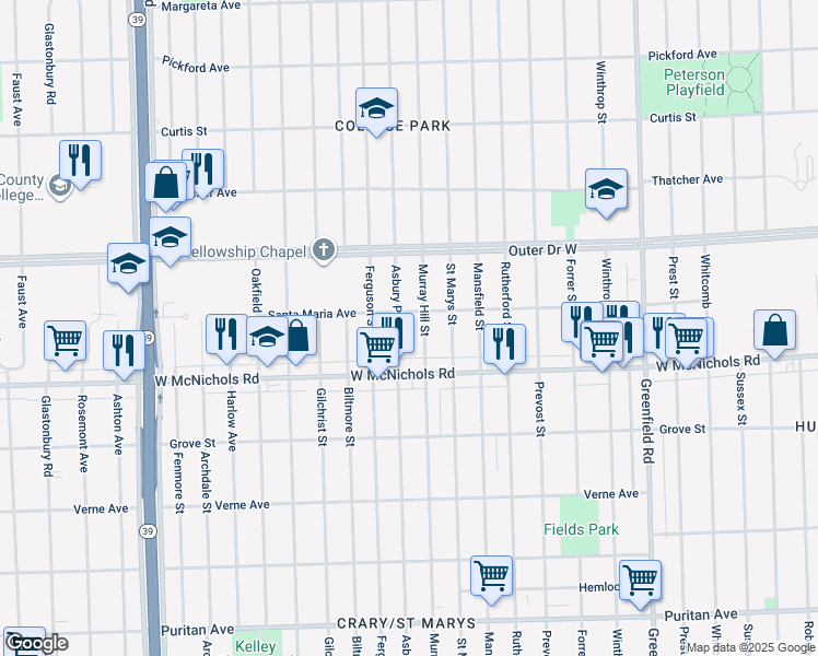 map of restaurants, bars, coffee shops, grocery stores, and more near 17174 Murray Hill Street in Detroit