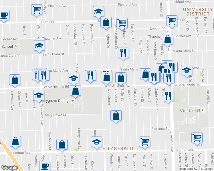 map of restaurants, bars, coffee shops, grocery stores, and more near 8020 McNichols Rd W in Detroit