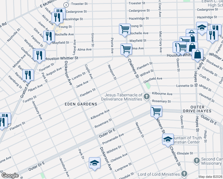 map of restaurants, bars, coffee shops, grocery stores, and more near 13388 Wilfred St in Detroit