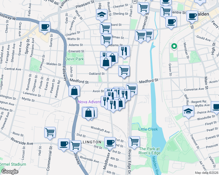 map of restaurants, bars, coffee shops, grocery stores, and more near 43-45 Avon Street in Malden
