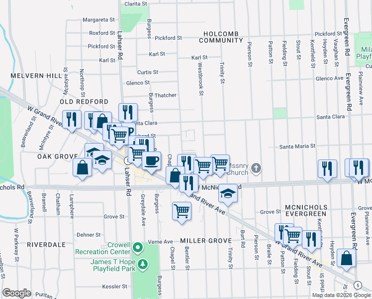 map of restaurants, bars, coffee shops, grocery stores, and more near 17251 Bentler Street in Detroit