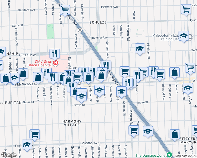 map of restaurants, bars, coffee shops, grocery stores, and more near 13140 West McNichols Road in Detroit