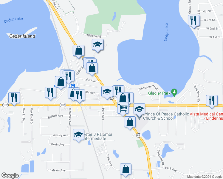 map of restaurants, bars, coffee shops, grocery stores, and more near 103 North Milwaukee Avenue in Lake Villa