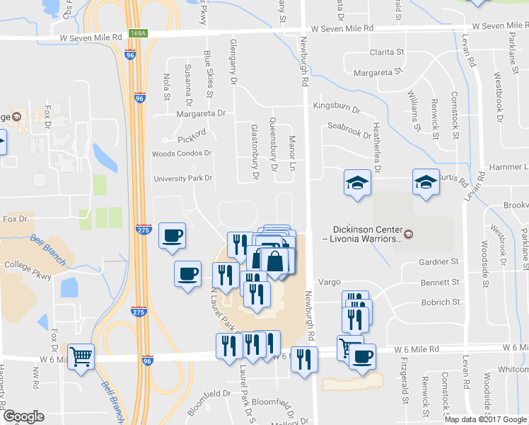 map of restaurants, bars, coffee shops, grocery stores, and more near 37752 North Laurel Park Drive in Livonia