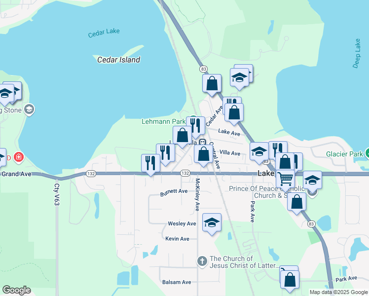 map of restaurants, bars, coffee shops, grocery stores, and more near 90 Cedar Avenue in Lake Villa