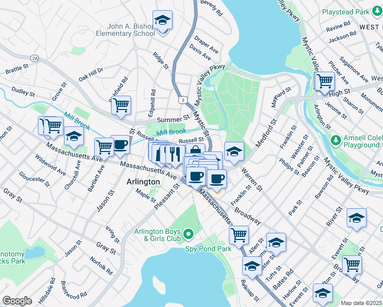 map of restaurants, bars, coffee shops, grocery stores, and more near 12 Prescott St in Arlington