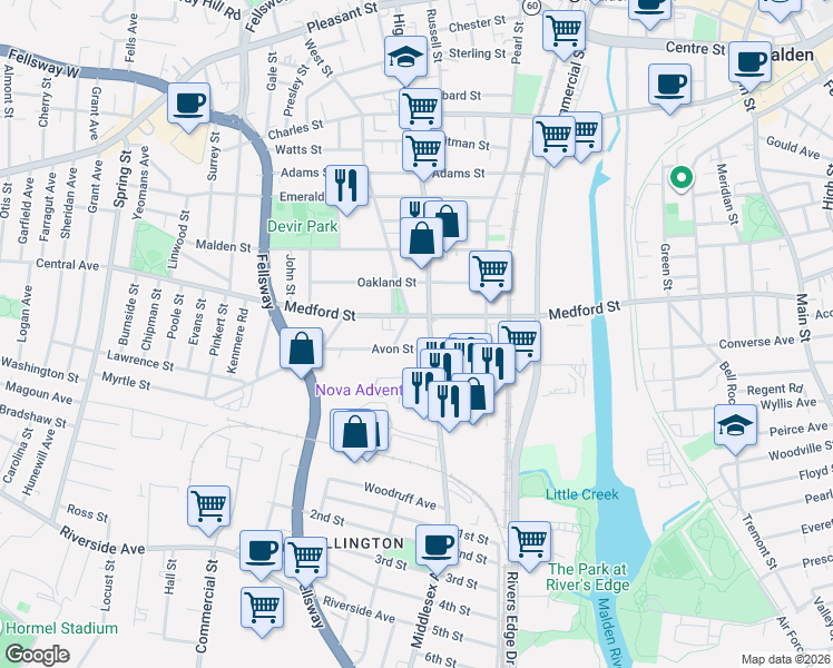 map of restaurants, bars, coffee shops, grocery stores, and more near 73 Avon Street in Malden