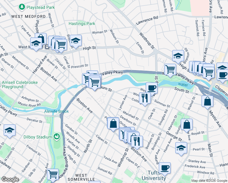 map of restaurants, bars, coffee shops, grocery stores, and more near North St & Auburn St in Medford