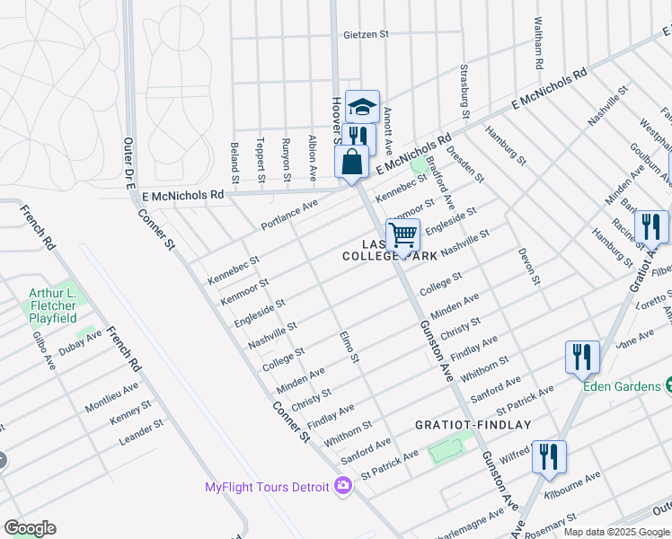 map of restaurants, bars, coffee shops, grocery stores, and more near 11445 Engleside Street in Detroit