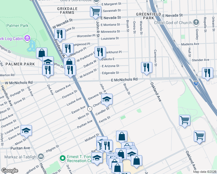 map of restaurants, bars, coffee shops, grocery stores, and more near 114 Stevens Street in Highland Park