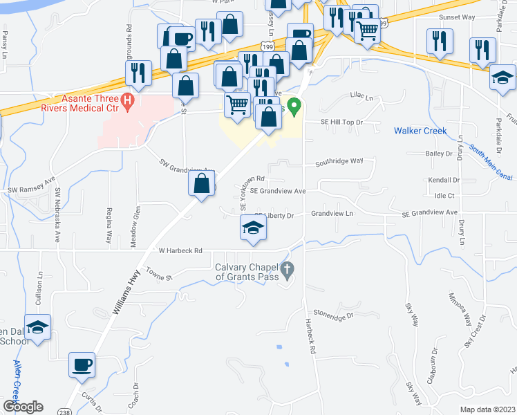 map of restaurants, bars, coffee shops, grocery stores, and more near 199 Southeast Harmony Circle in Grants Pass
