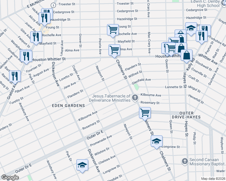 map of restaurants, bars, coffee shops, grocery stores, and more near 14205 Glenfield Avenue in Detroit