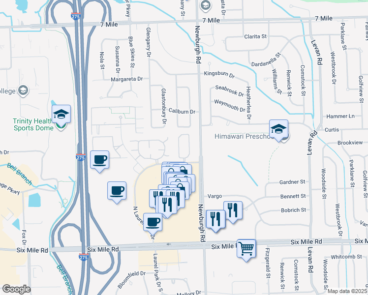 map of restaurants, bars, coffee shops, grocery stores, and more near 37506 North Laurel Park Drive in Livonia