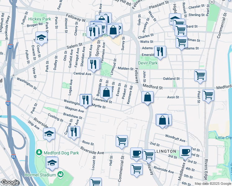 map of restaurants, bars, coffee shops, grocery stores, and more near 56 Evans Street in Medford