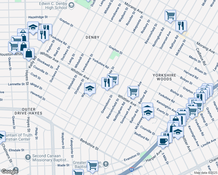 map of restaurants, bars, coffee shops, grocery stores, and more near 10700 Whittier Avenue in Detroit