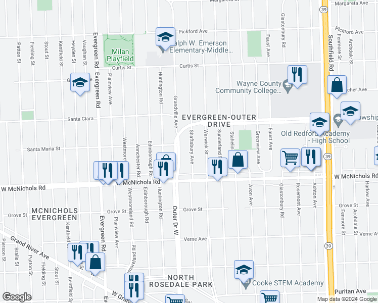 map of restaurants, bars, coffee shops, grocery stores, and more near 17225 Shaftsbury Avenue in Detroit